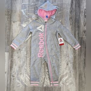 Reebok Baby Girl Long Sleeve Hooded Romper- Grey Heather